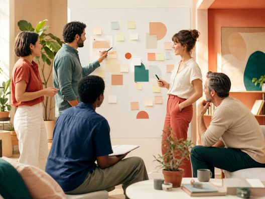 Colleagues at a whiteboard mapping a simple publish path
