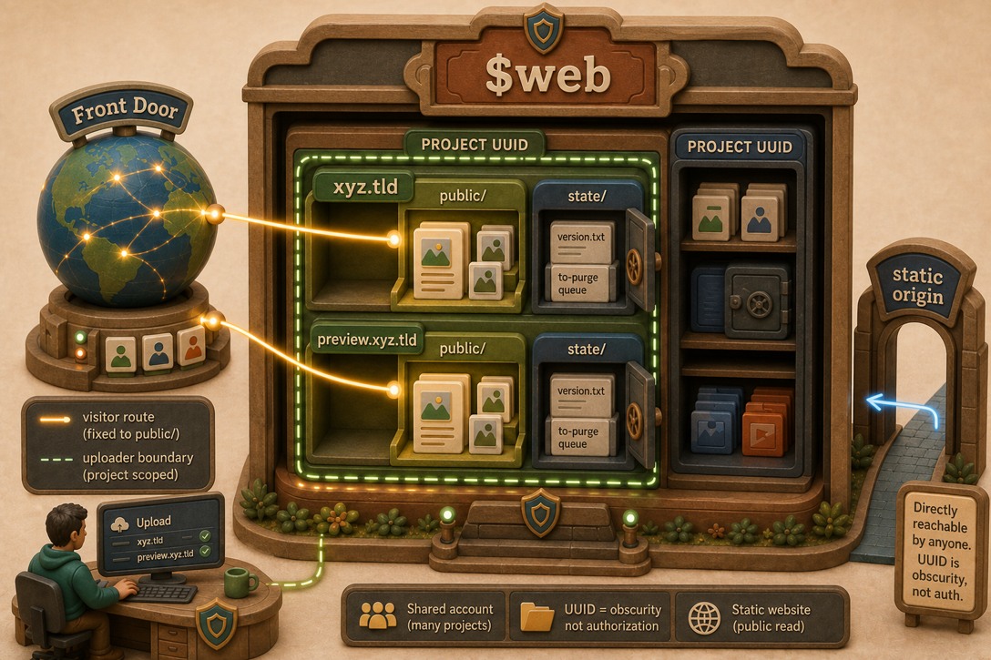 A shared $web cabinet contains project UUID compartments, with xyz.tld and preview.xyz.tld each split into public and state siblings; Front Door routes only to public while a separate static-origin entrance remains directly reachable