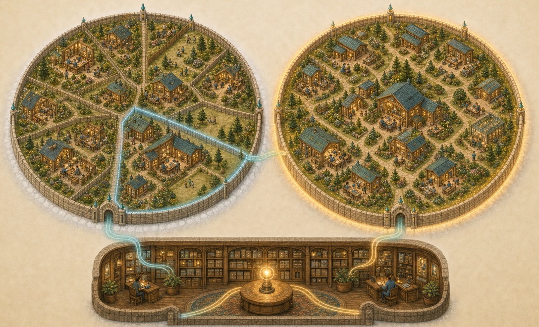 Equal-size profile territories: an Intermediate shard divided into several guaranteed lots and one Dedicated shard whose complete usable area belongs to a centered tenant