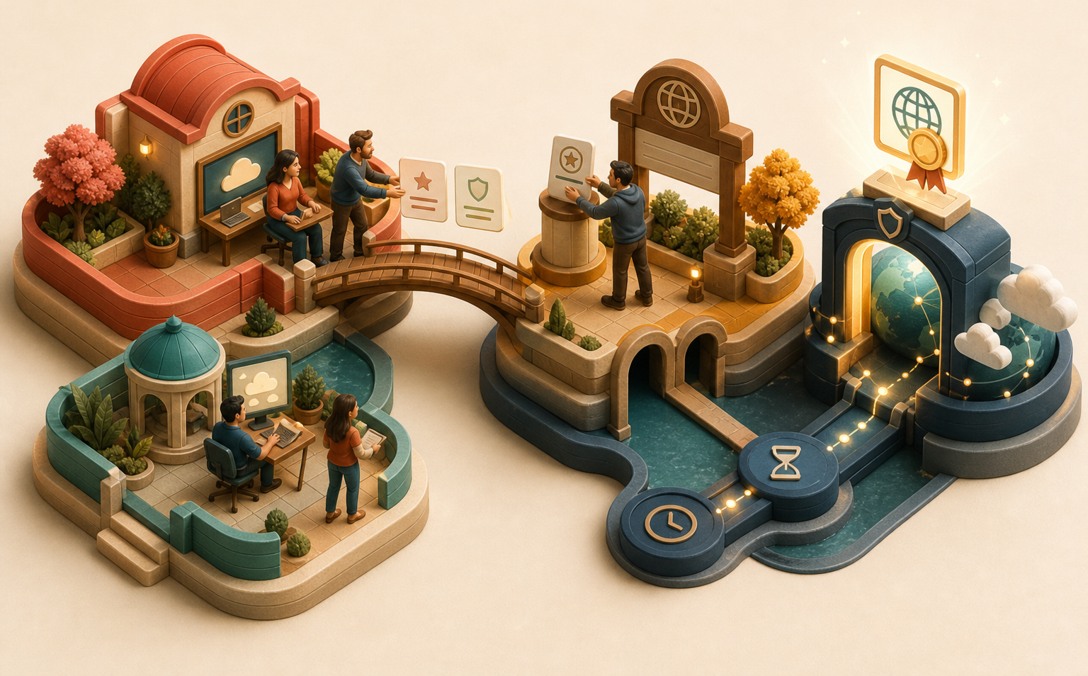 A platform team hands ownership and traffic record cards to a DNS operator, who activates a certified custom-domain gateway