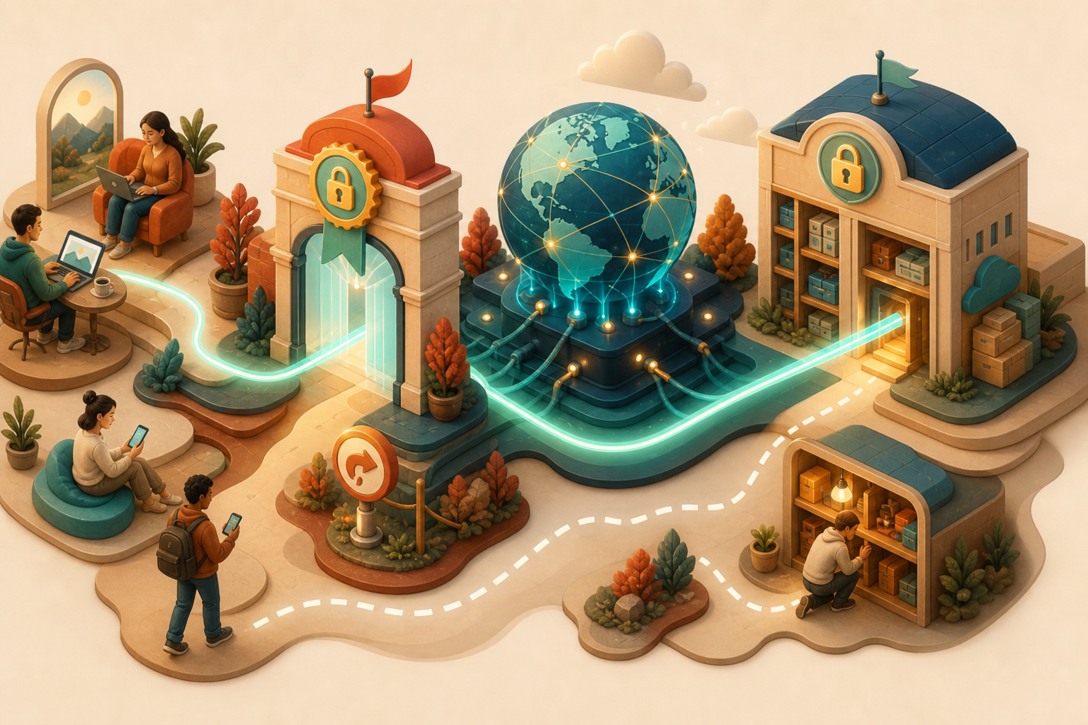 Visitors pass through a certified custom-domain gateway and global edge to storage while a separate dashed path shows direct public-origin access