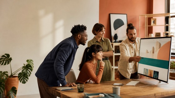 A small creative team reviewing a website together in a warm, sunlit studio