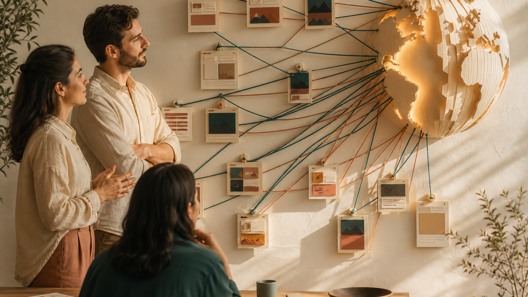 A team studying a handcrafted network of website cards connected to a glowing globe
