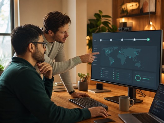 A small operations room with unlabeled monitors