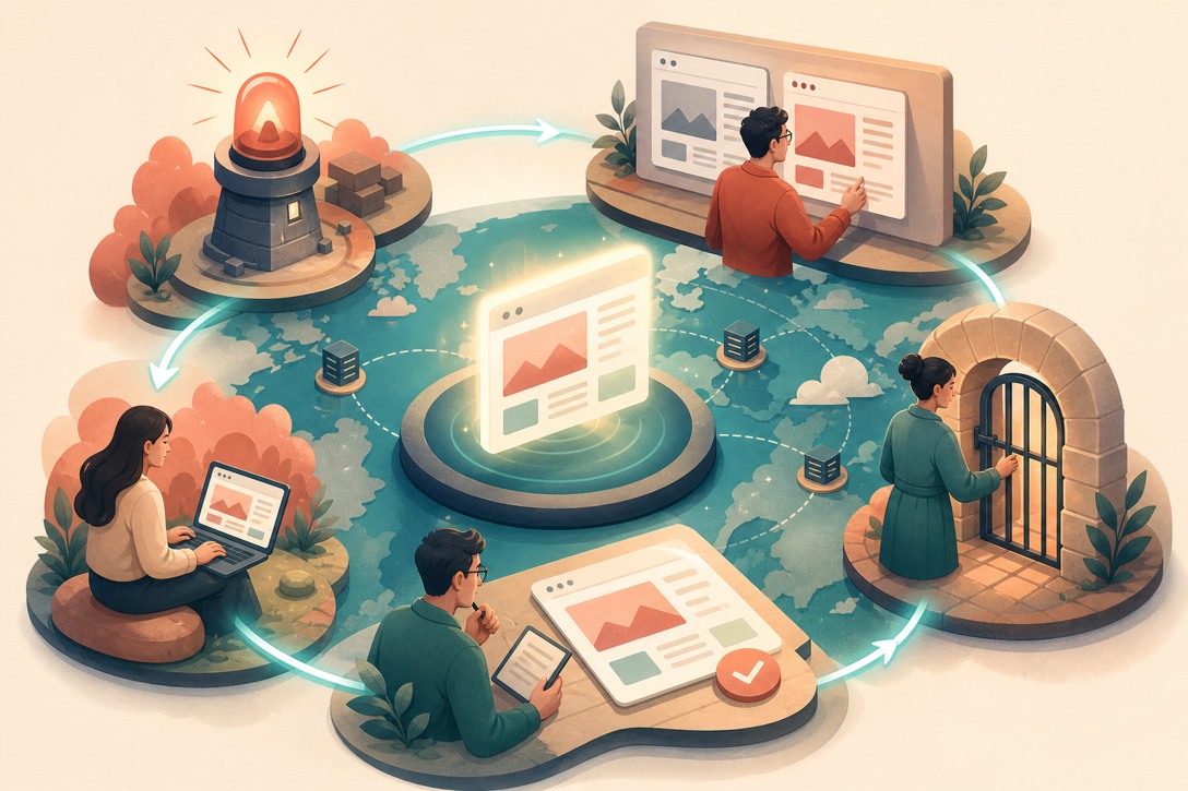 Cycle of signal, diagnose, restore, review, publish around a page at the edge