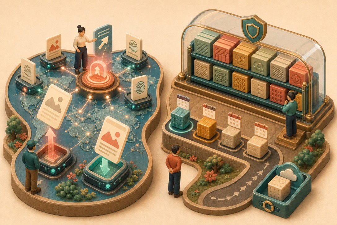 An immediate global-edge response replacement sits beside a slower storage lifecycle where dated blobs age toward a recovery tray while current files remain protected